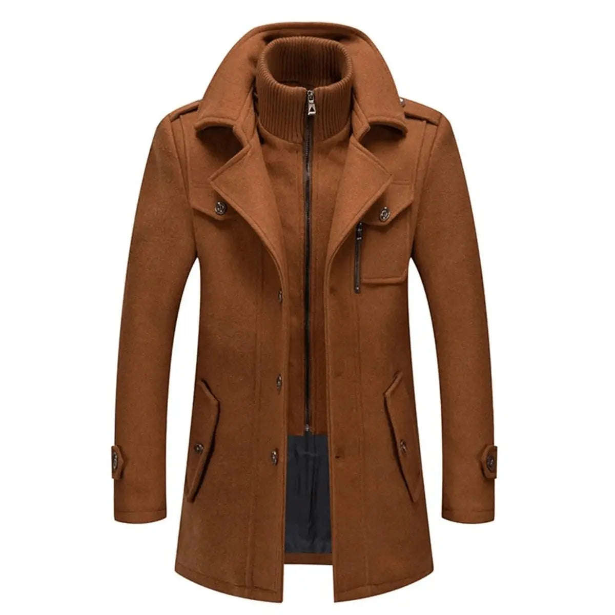 Men's Double-Layer Wool Blend Winter Coat Knit Collar - Brown