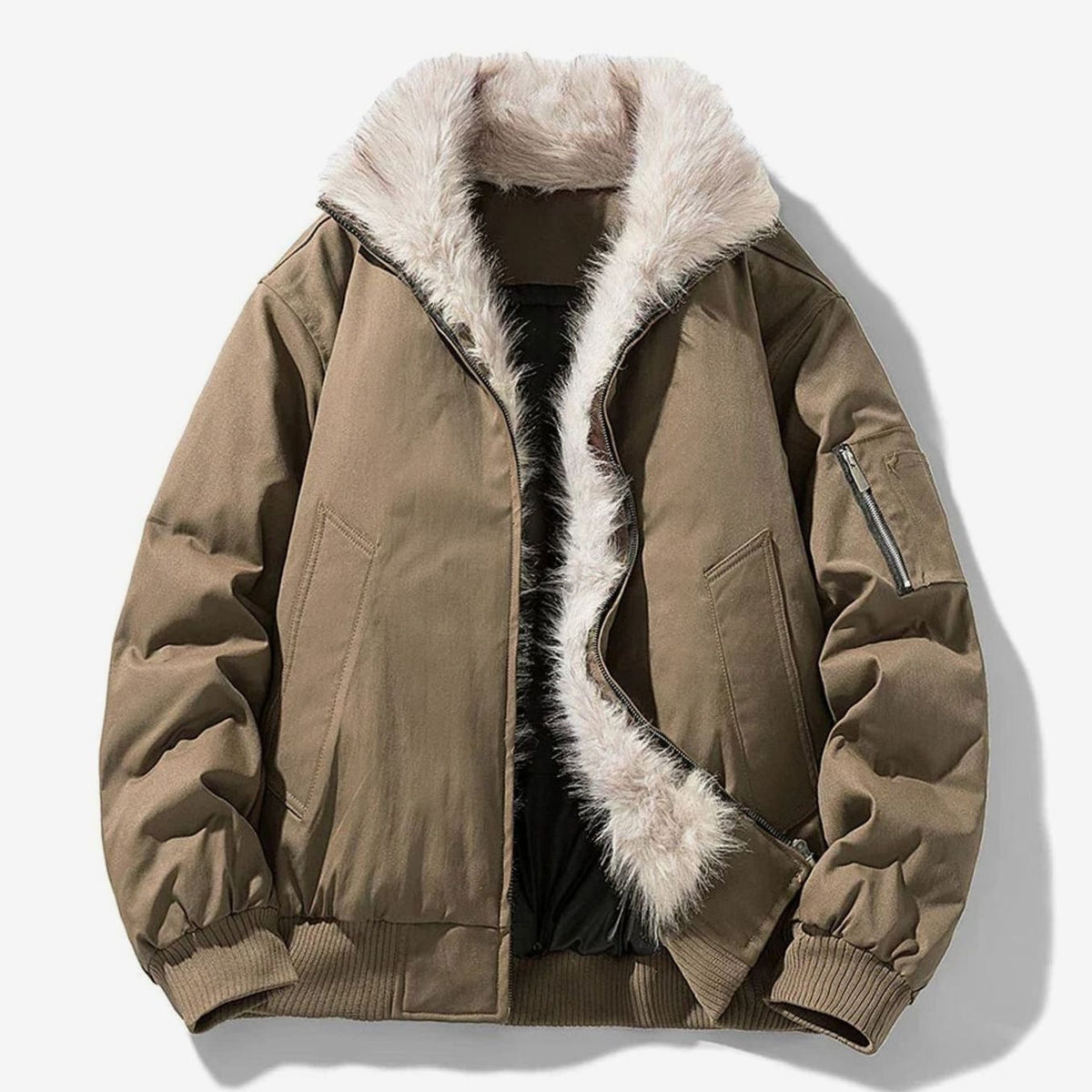 Men's Faux Fur Lined Wind-Resistant Zip-Up Bomber Jacket - Brown