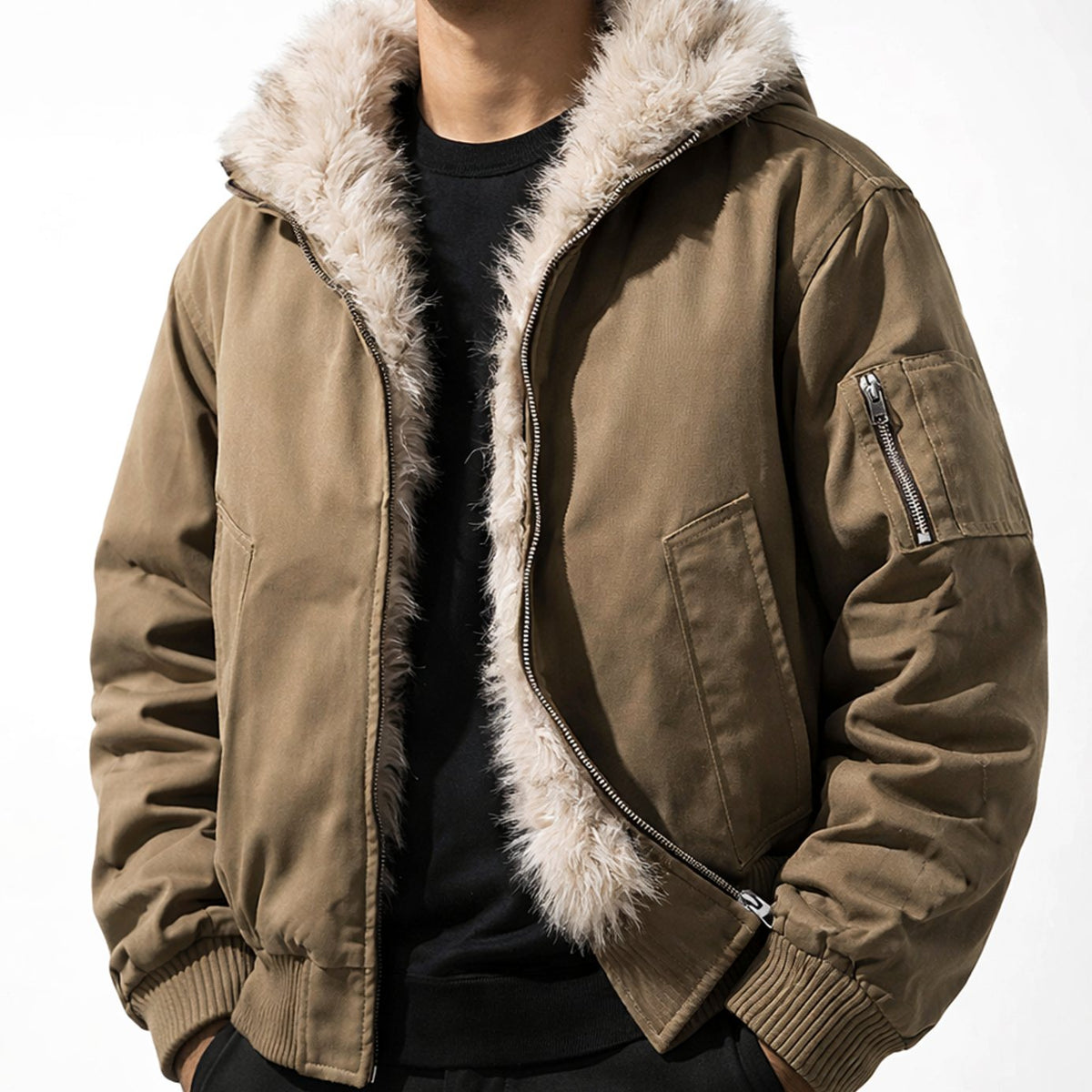 Men's Faux Fur Lined Wind-Resistant Zip-Up Bomber Jacket