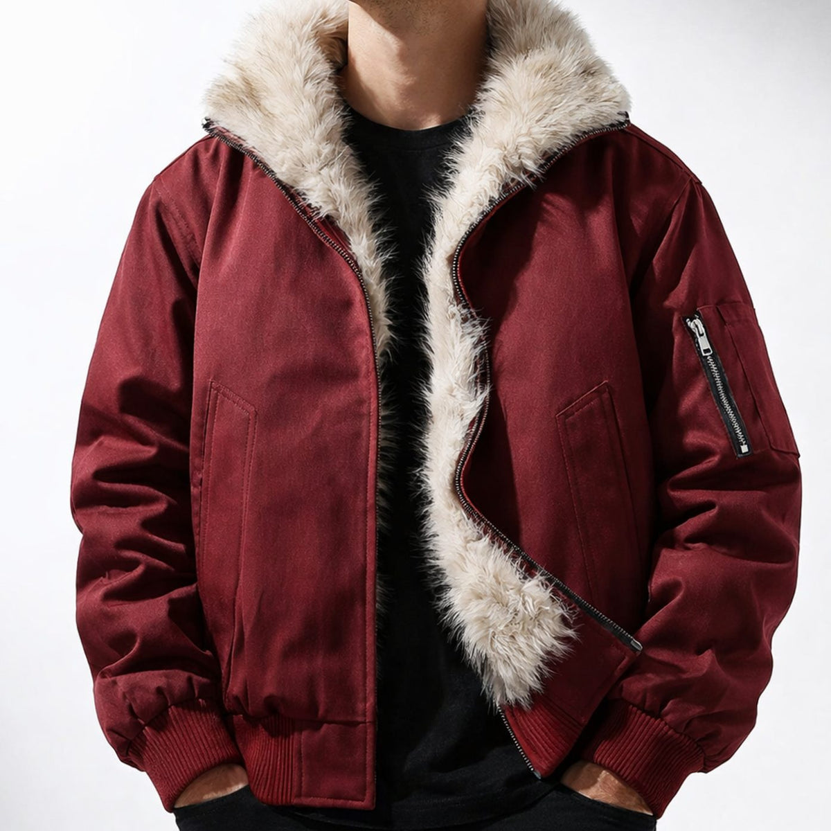 Men's Faux Fur Lined Wind-Resistant Zip-Up Bomber Jacket