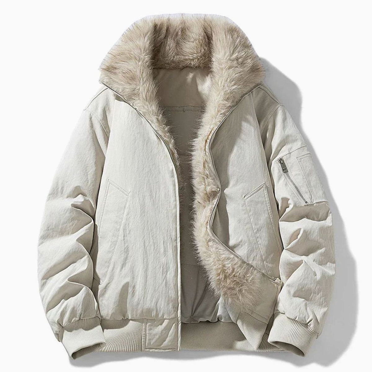 Men's Faux Fur Lined Wind-Resistant Zip-Up Bomber Jacket - Beige