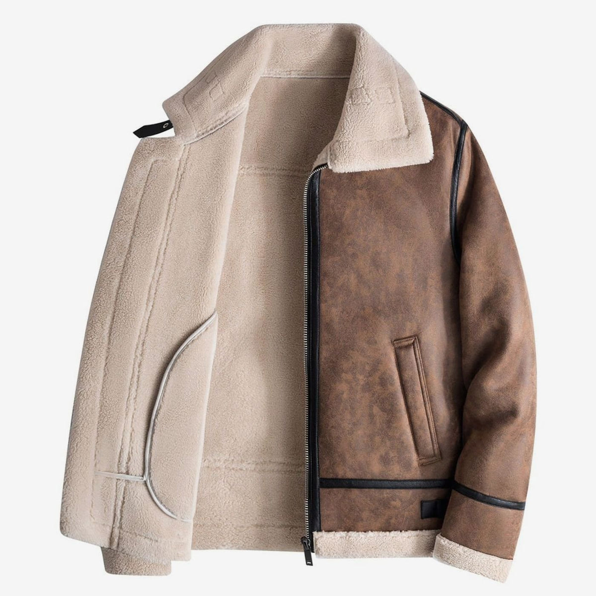 Men's Faux Shearling Lined Zip-Up Aviator Jacket - Brown