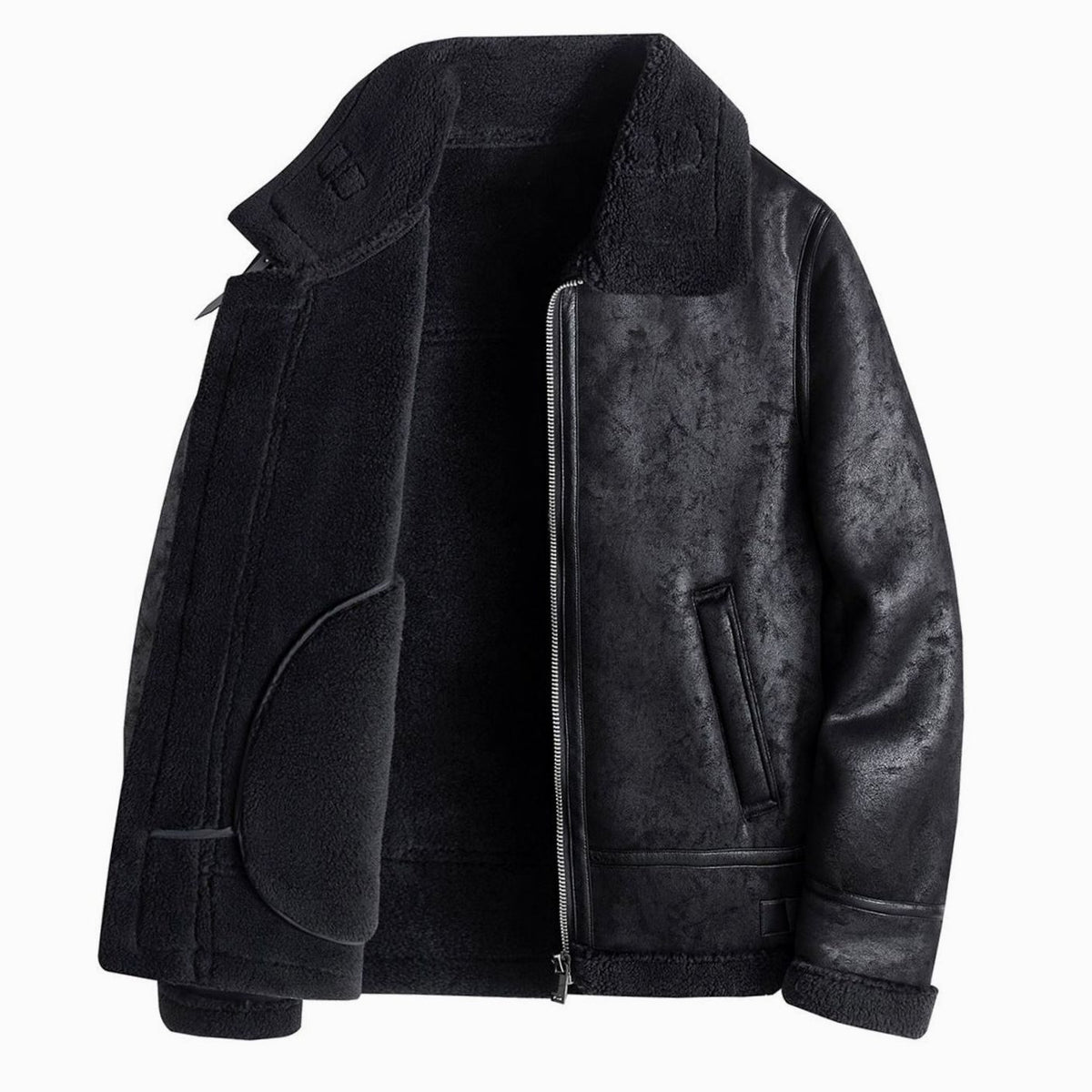 Men's Faux Shearling Lined Zip-Up Aviator Jacket - Black