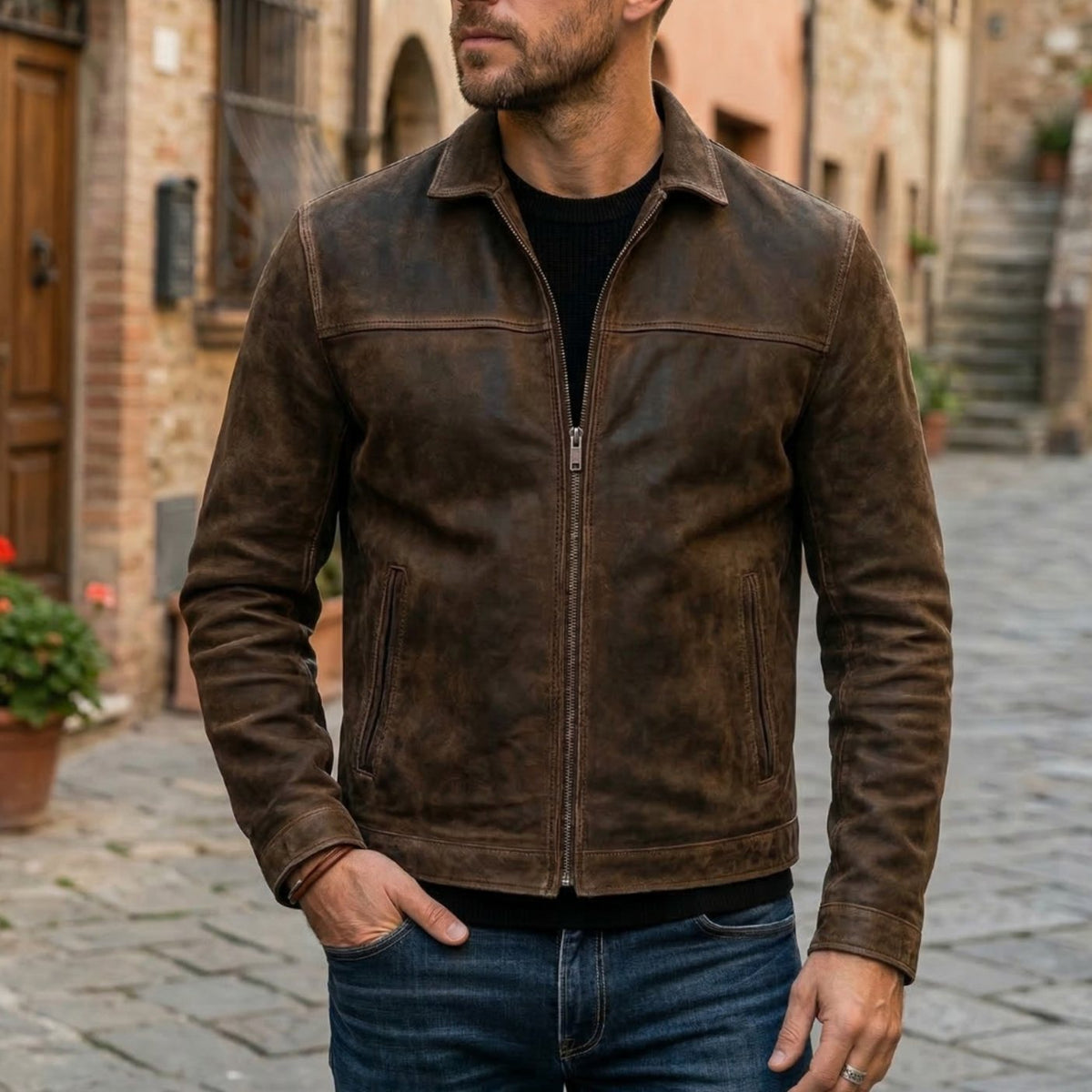 Men's Fitted Full-Zip Leather Jacket Structured Collar - Brown