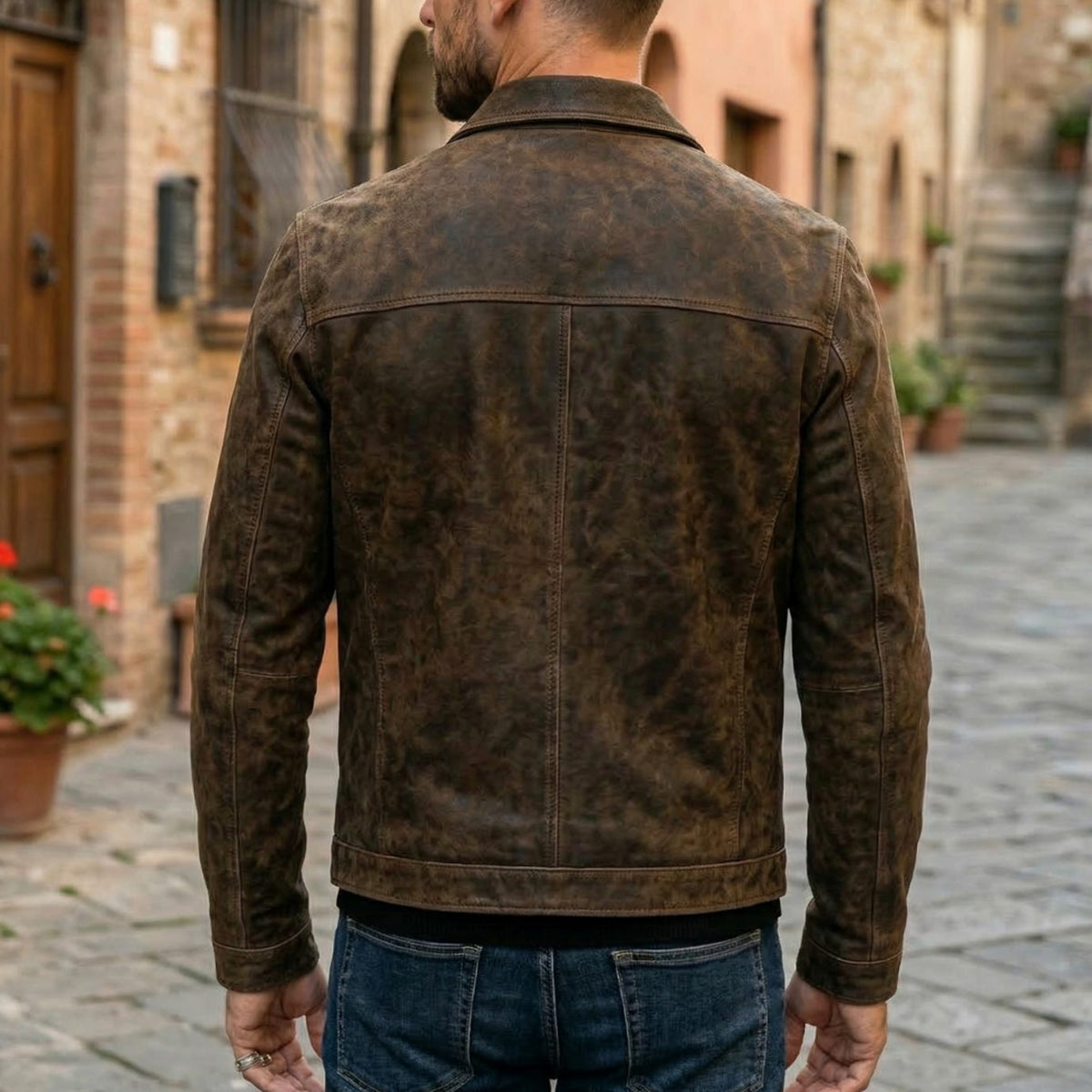 Men's Fitted Full-Zip Leather Jacket Structured Collar