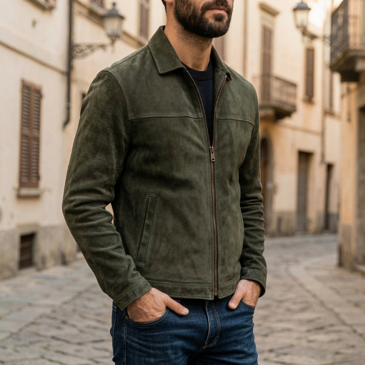 Men's Fitted Full-Zip Leather Jacket Structured Collar - Green