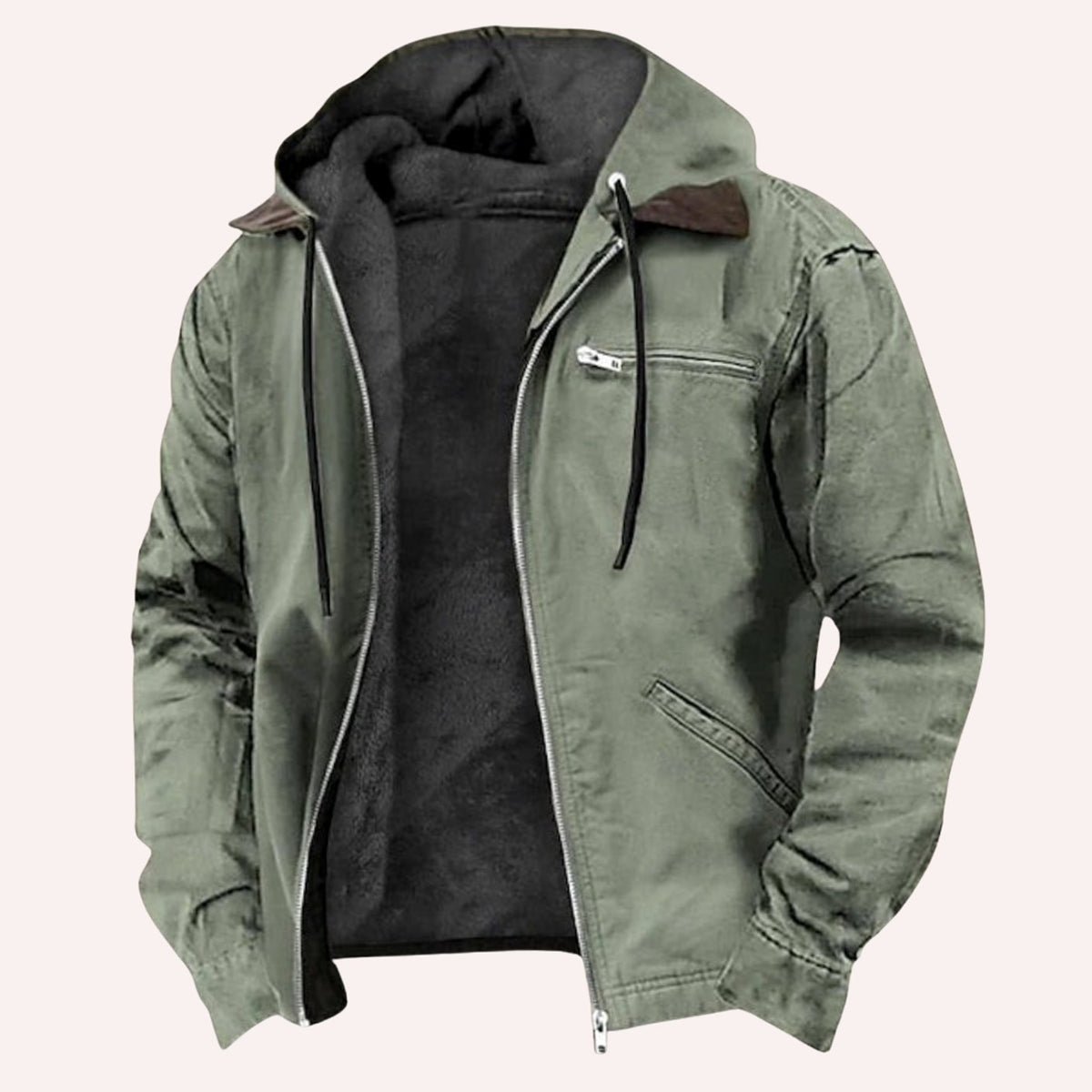 Men's Fleece-Lined Hooded Full-Zip Cotton Jacket - Green