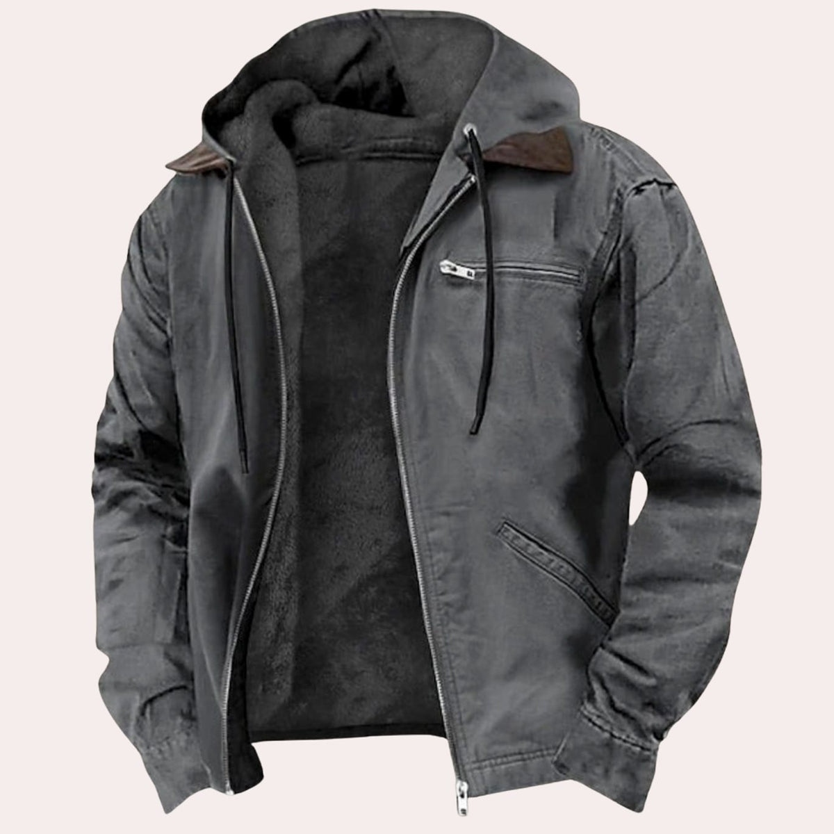 Men's Fleece-Lined Hooded Full-Zip Cotton Jacket - Grey