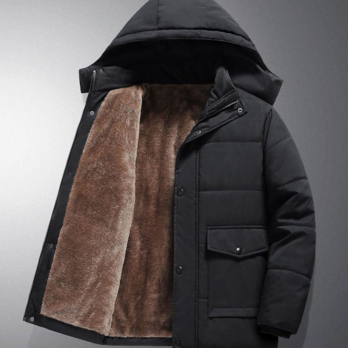Men's Fleece-Lined Hooded Puffer Jacket Water-Resistant - Black