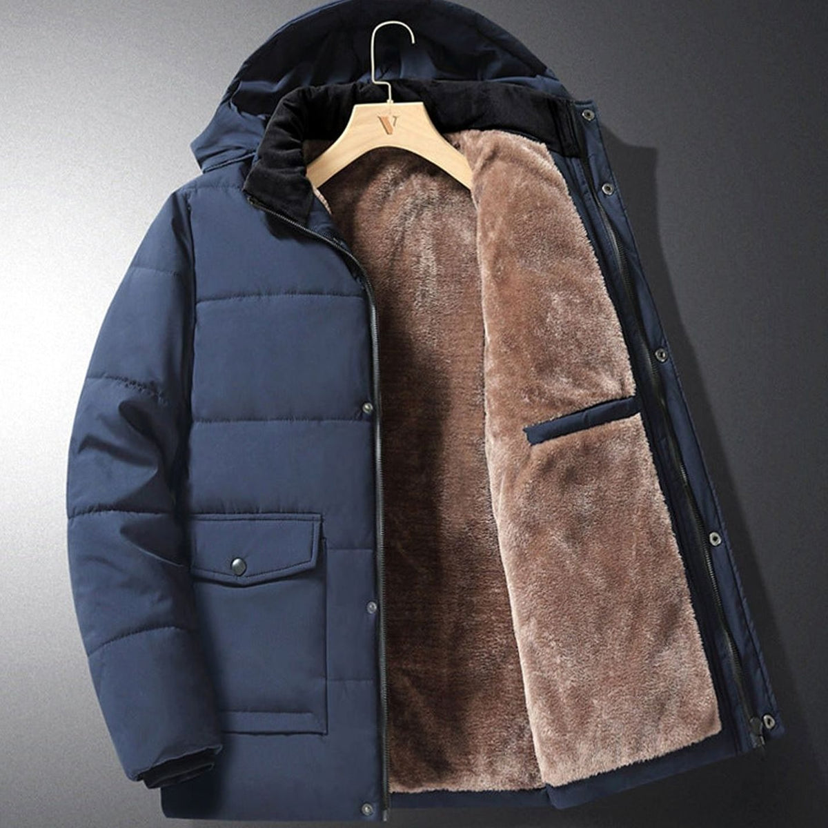 Men's Fleece-Lined Hooded Puffer Jacket Water-Resistant - Blue