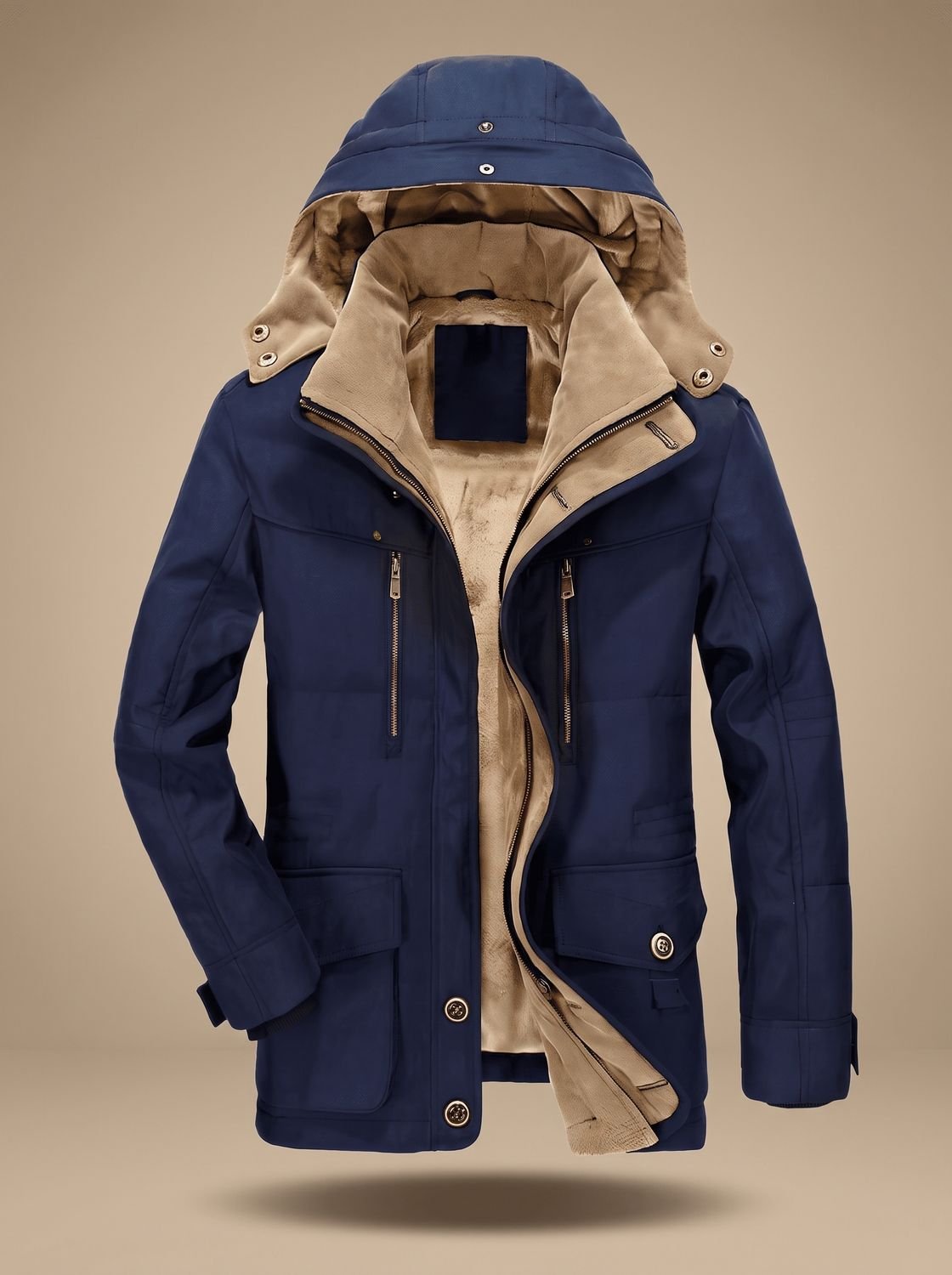 Men's Fleece-Lined Hooded Winter Parka Deep-Pocket Jacket - Blue