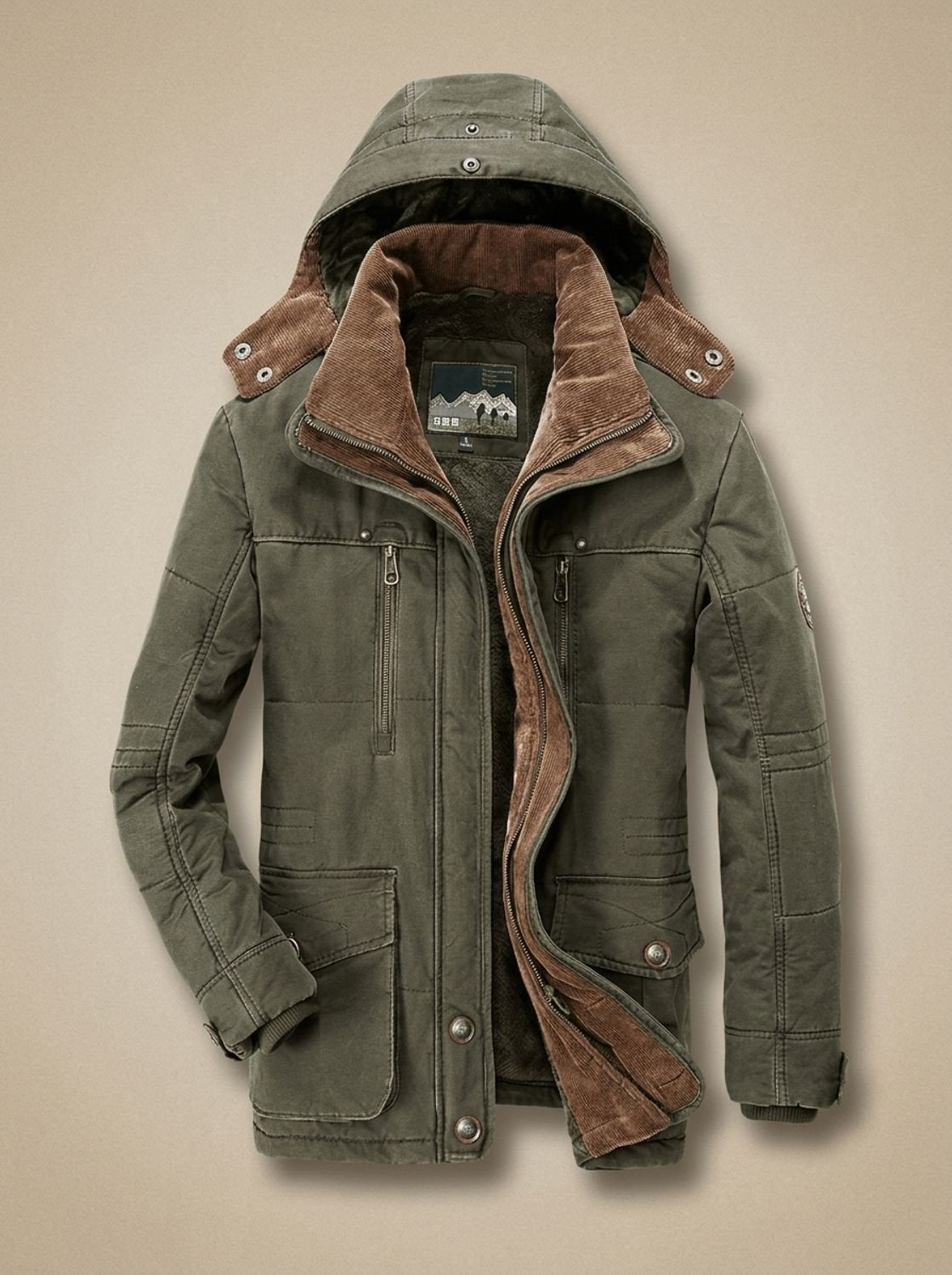 Men's Fleece-Lined Hooded Winter Parka Deep-Pocket Jacket - Green