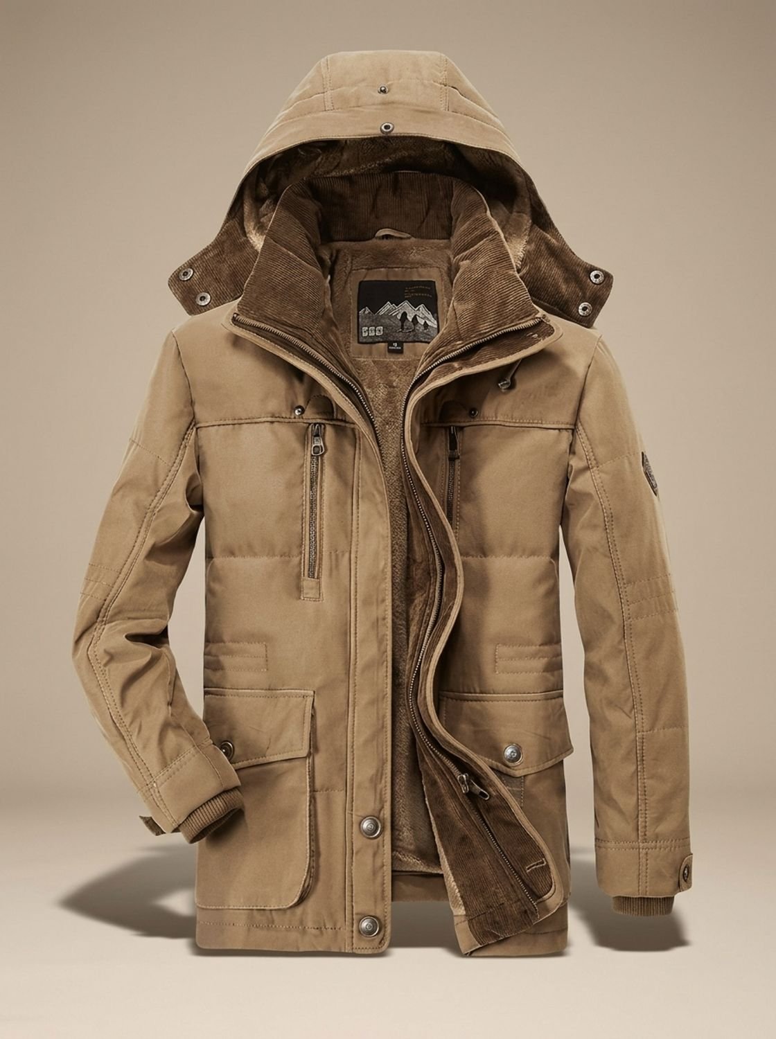 Men's Fleece-Lined Hooded Winter Parka Deep-Pocket Jacket - Khaki