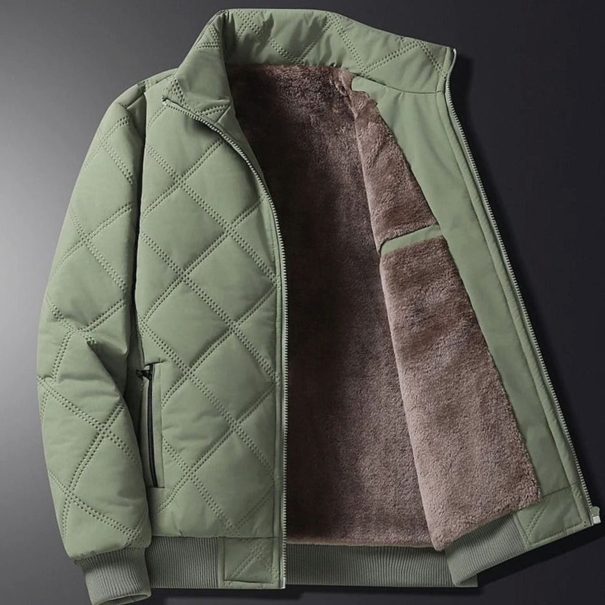 Men's Fleece-Lined Quilted Windproof Winter Jacket - Green