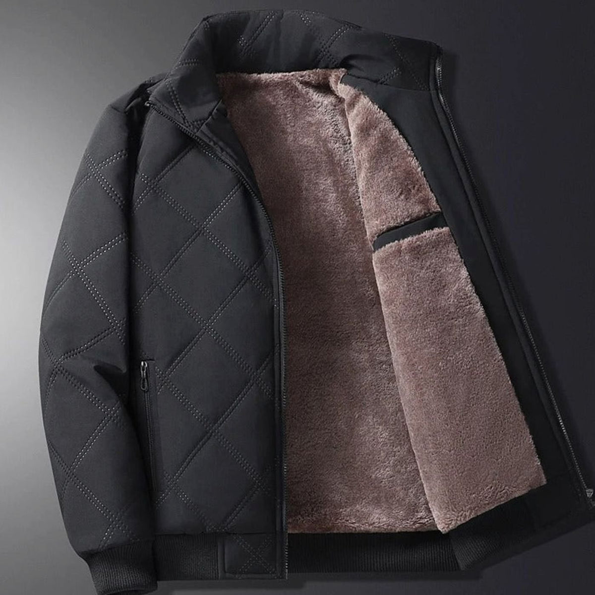 Men's Fleece-Lined Quilted Windproof Winter Jacket - Black