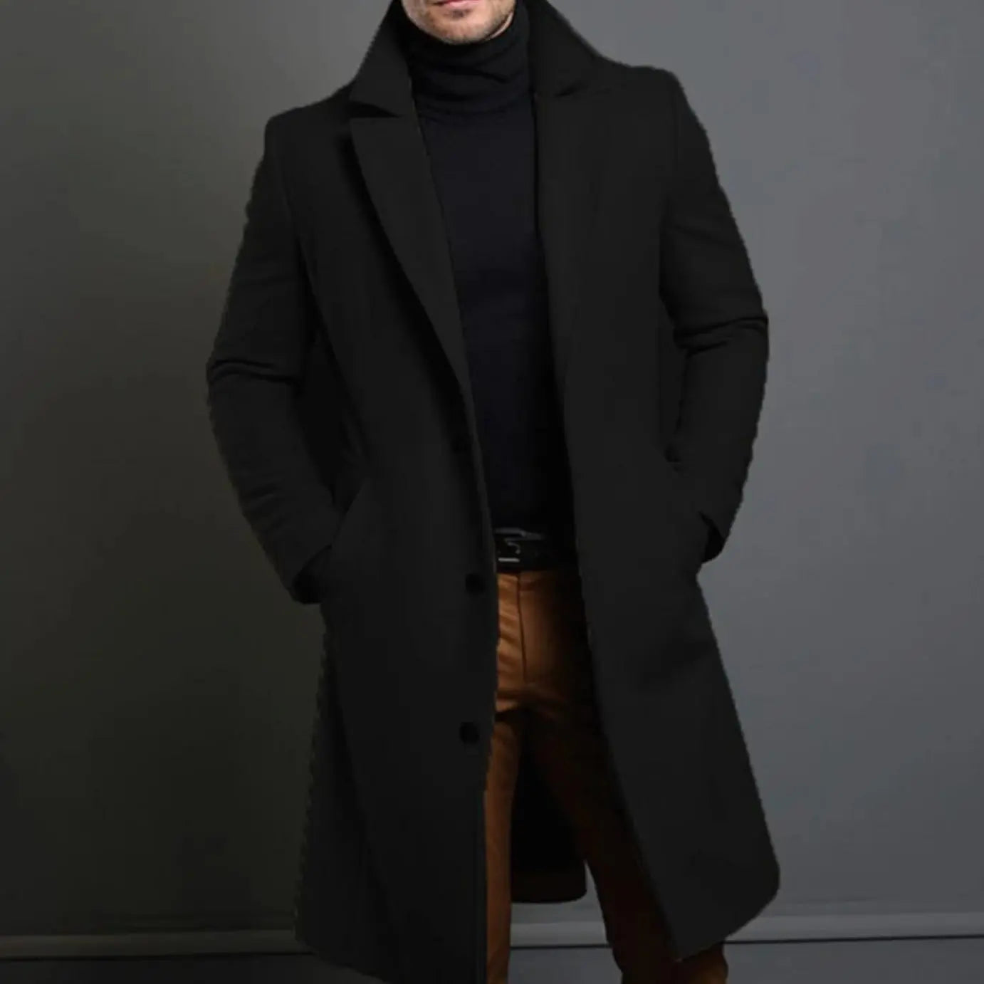 Men's Formal Slim-Fit Single-Breasted Winter Coat - Black