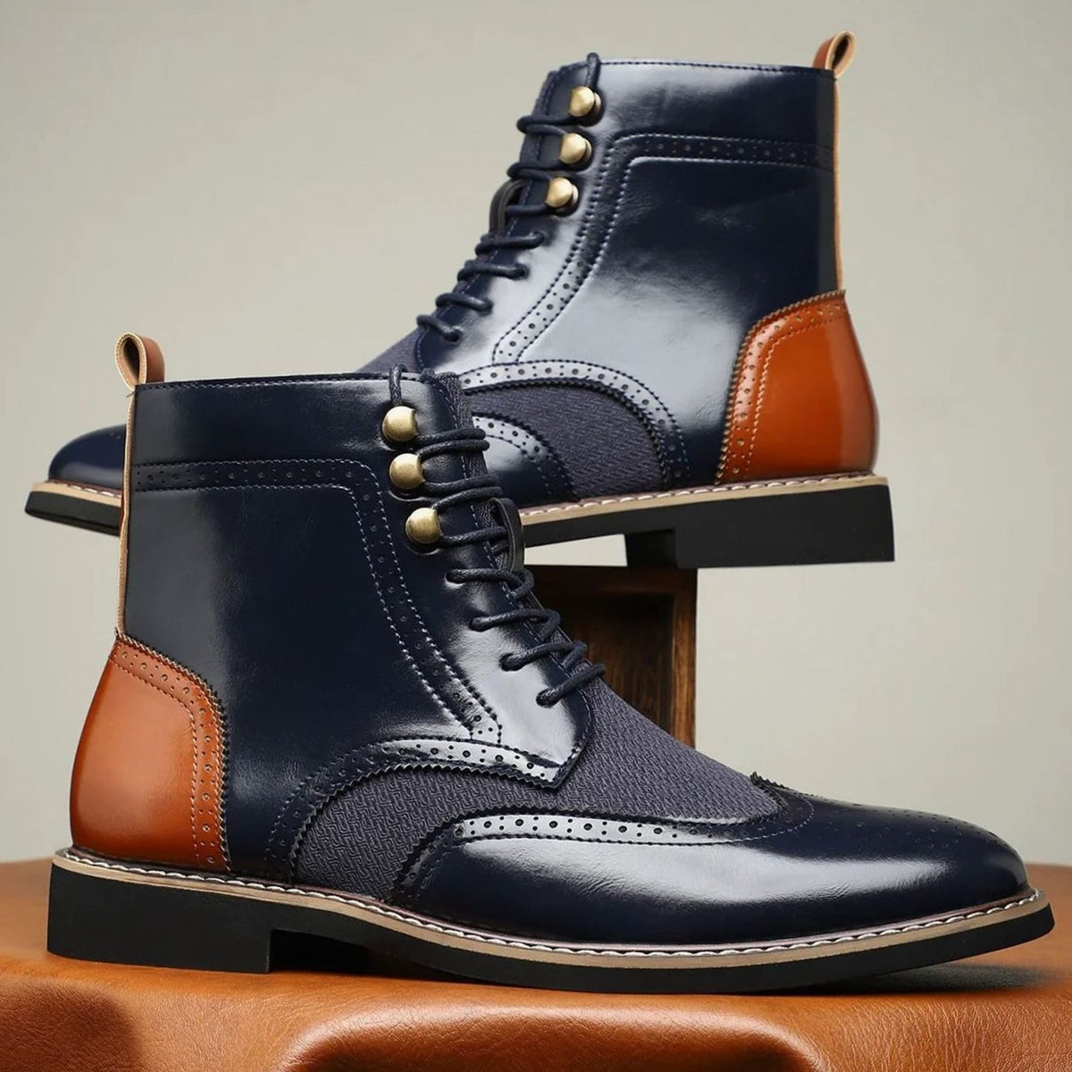 Men's Full-Grain Leather Brogue Lace-Up Ankle Boots - Navy Blue