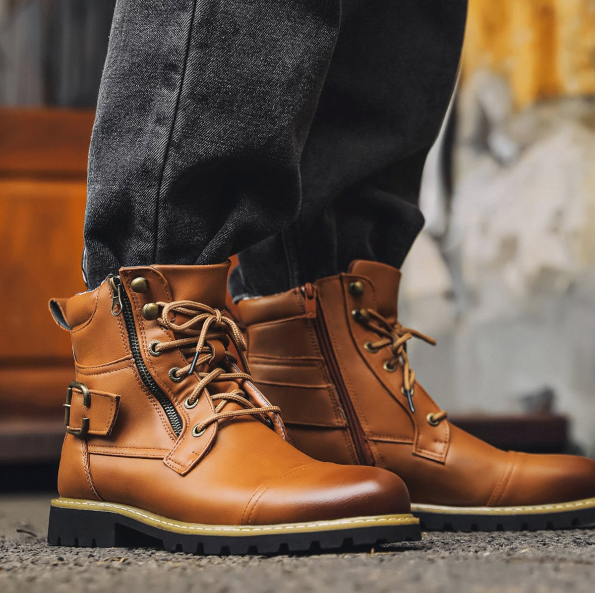 Men's Full-Grain Leather Lace-Up Ankle Boots, Tan Brown - Light Brown