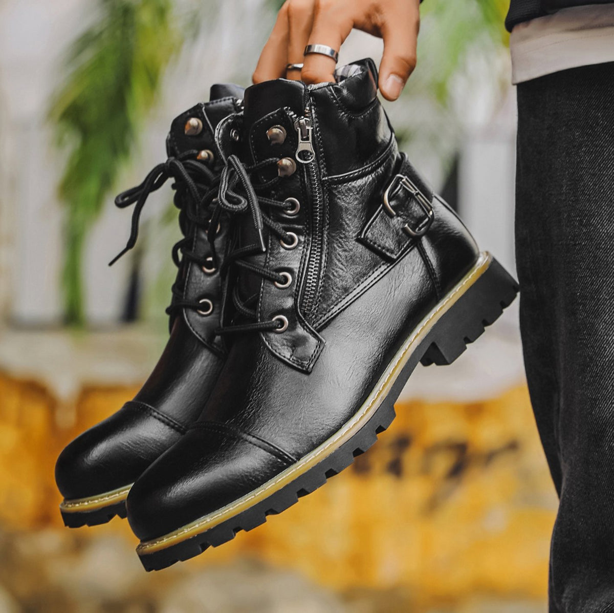 Men's Full-Grain Leather Lace-Up Ankle Boots, Tan Brown - Black
