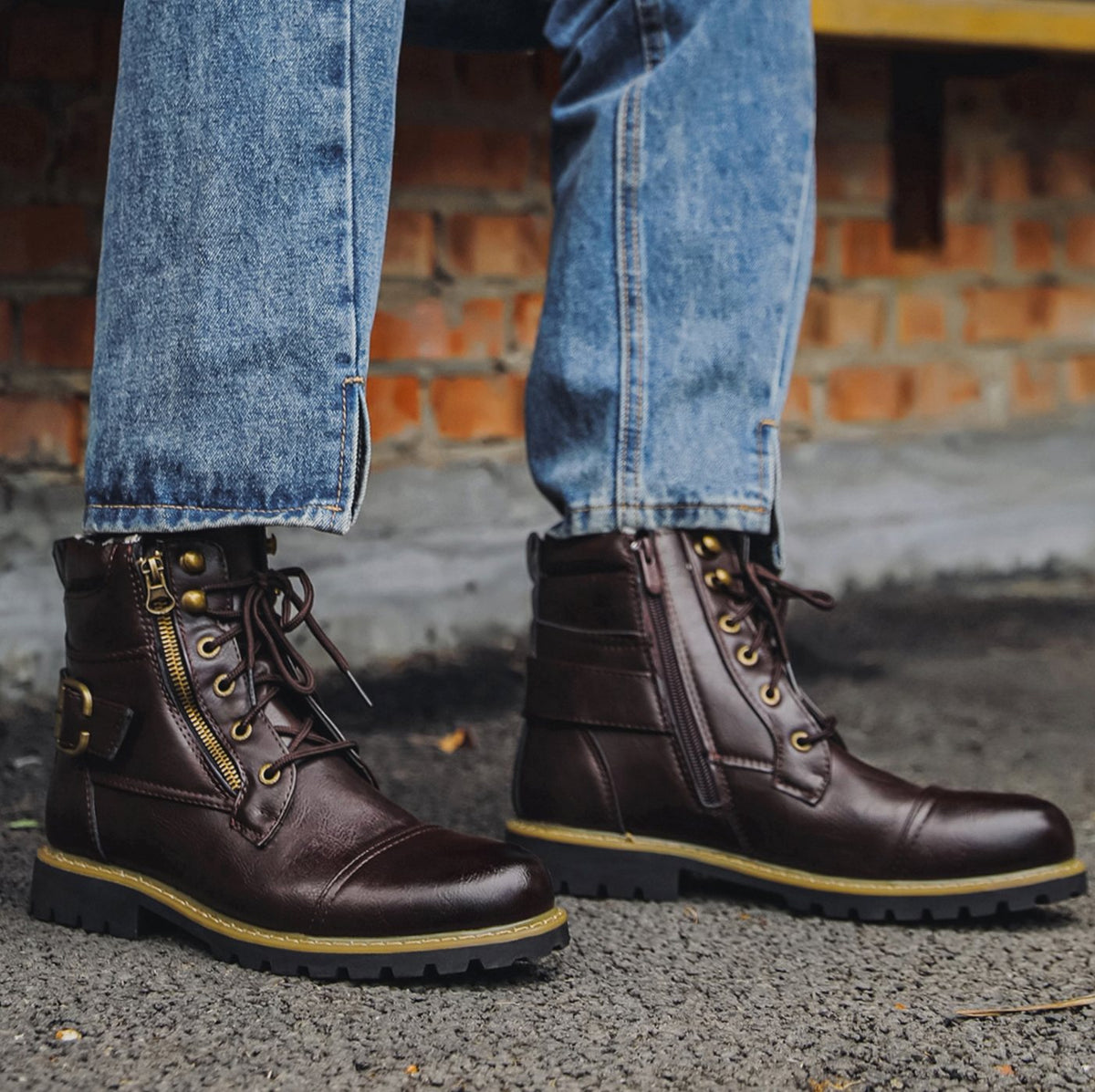 Men's Full-Grain Leather Lace-Up Ankle Boots, Tan Brown - Dark Brown
