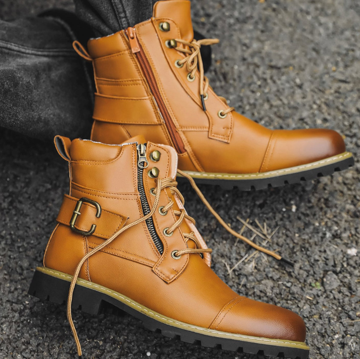 Men's Full-Grain Leather Lace-Up Ankle Boots, Tan Brown
