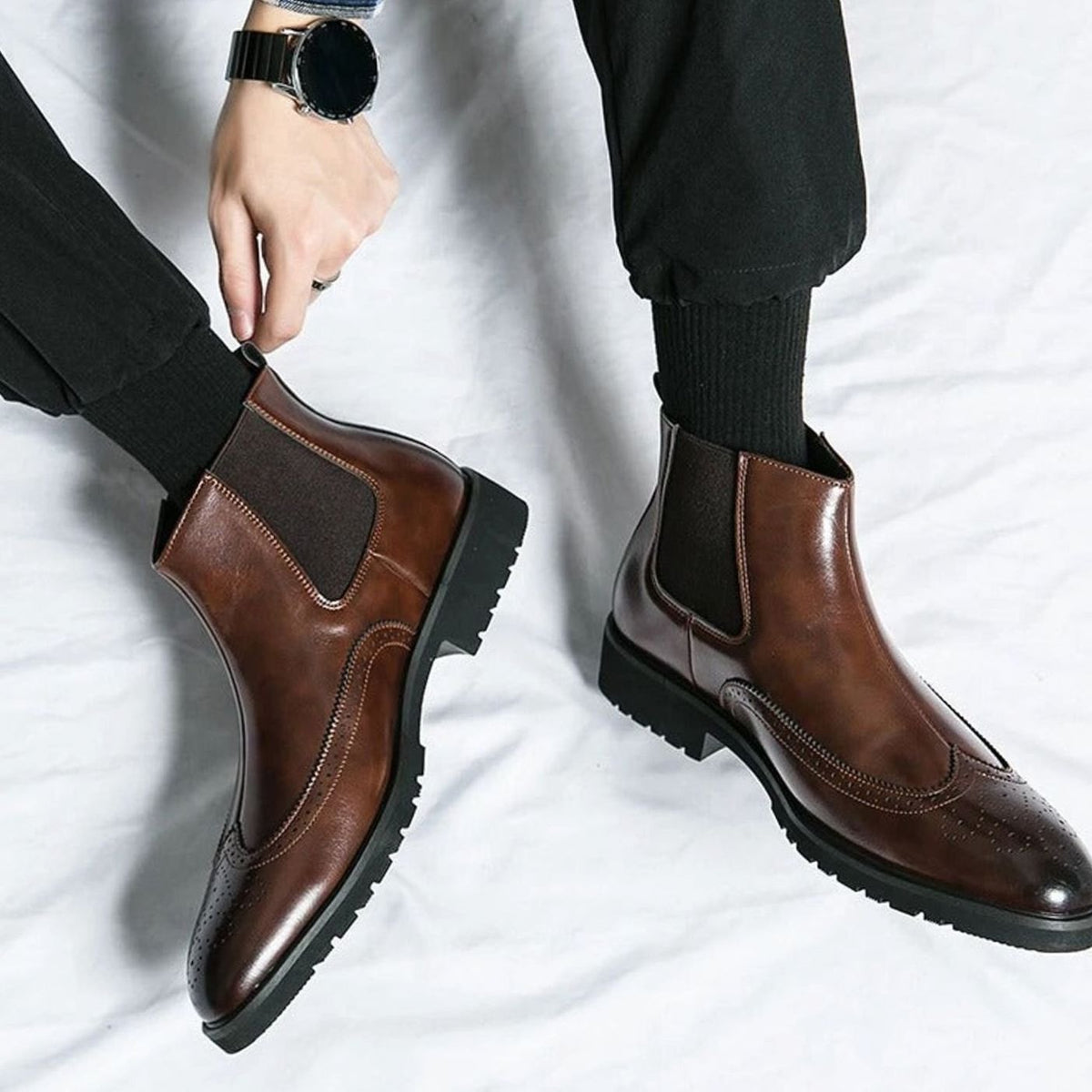 Men's Genuine Leather Brogue Chelsea Boots
