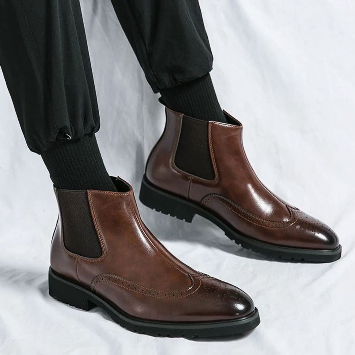 Men's Genuine Leather Brogue Chelsea Boots