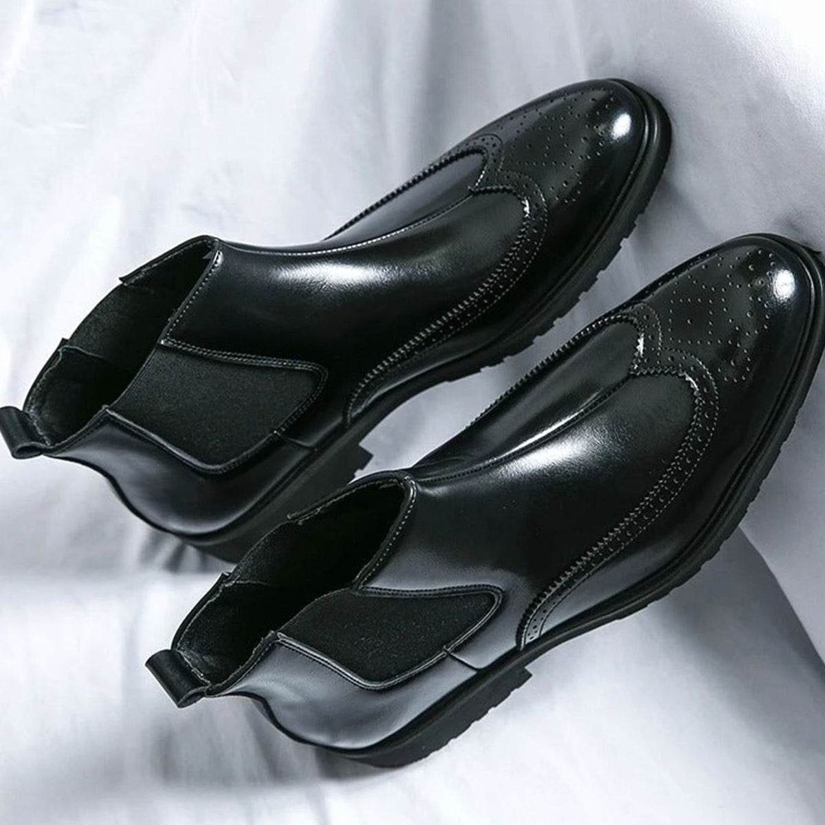 Men's Genuine Leather Brogue Chelsea Boots - Black