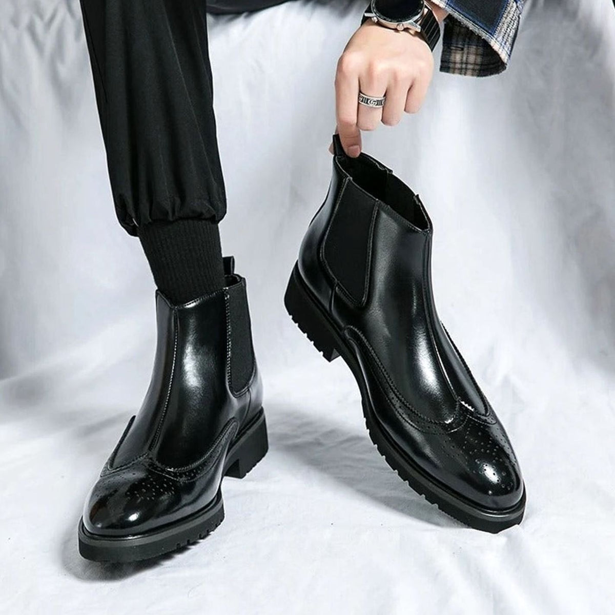 Men's Genuine Leather Brogue Chelsea Boots