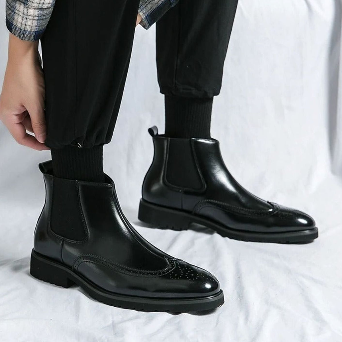 Men's Genuine Leather Brogue Chelsea Boots