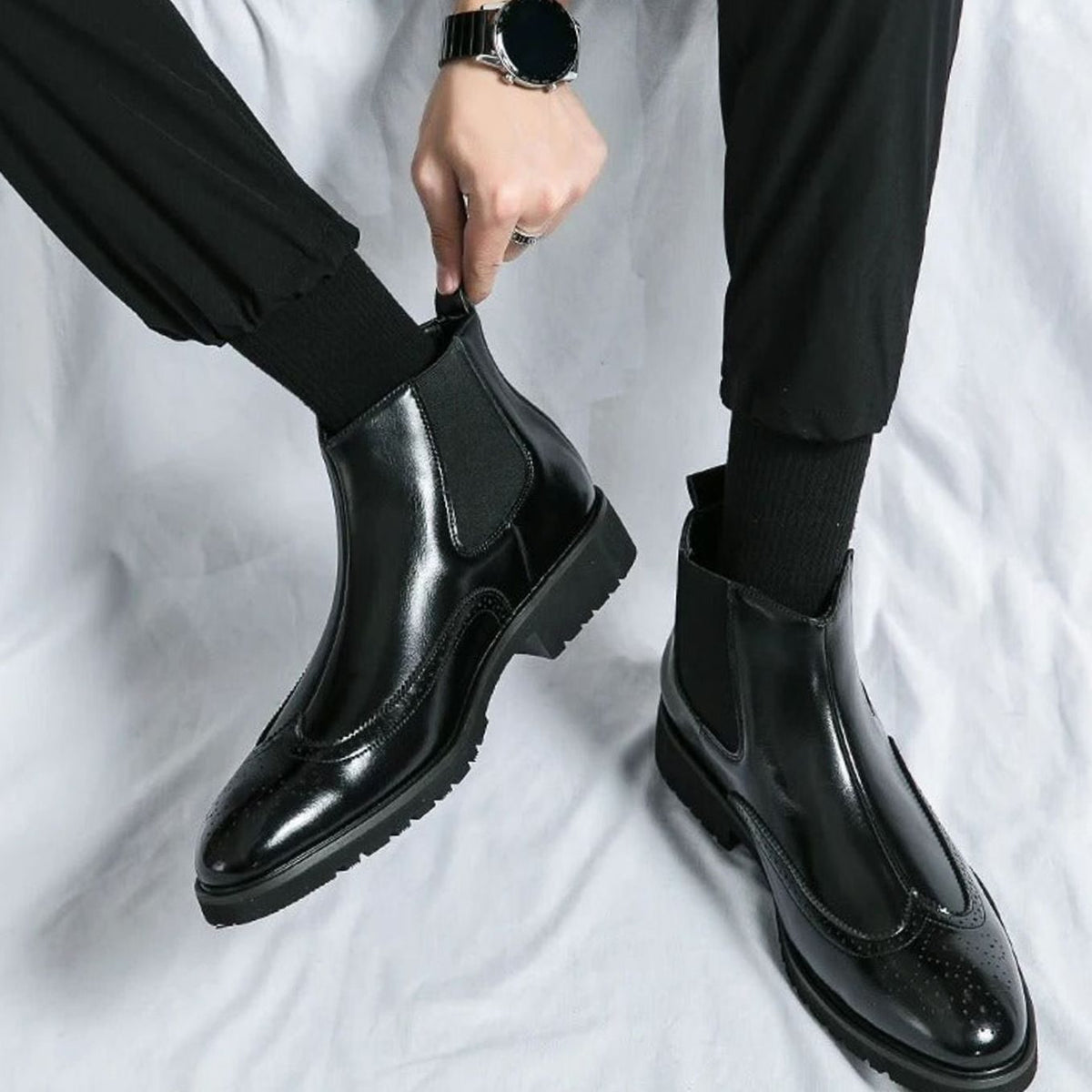 Men's Genuine Leather Brogue Chelsea Boots