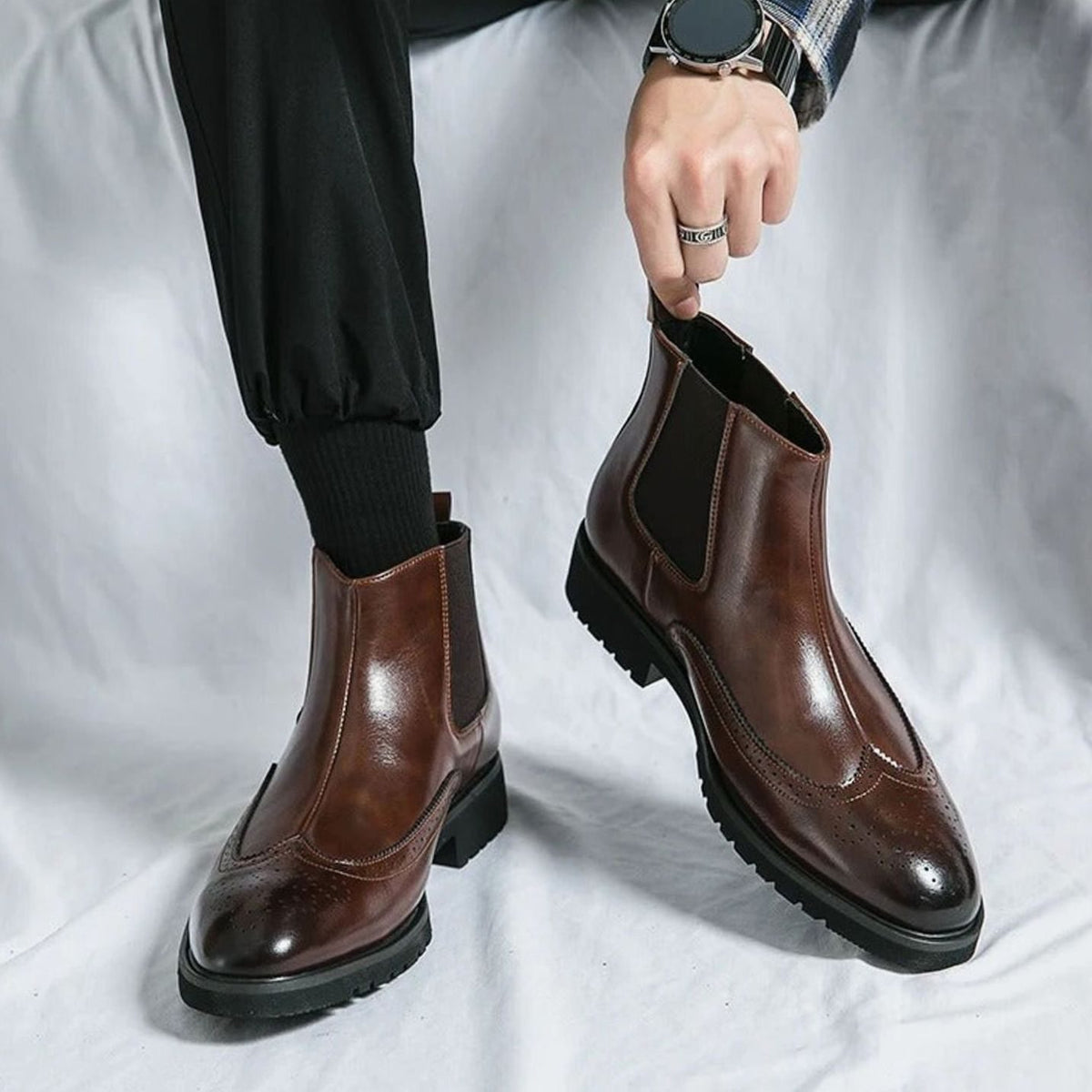 Men's Genuine Leather Brogue Chelsea Boots