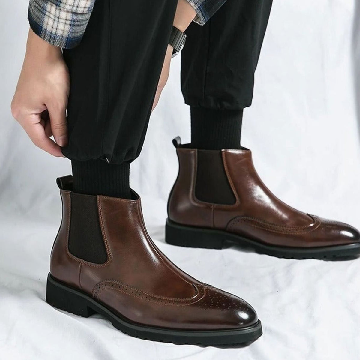 Men's Genuine Leather Brogue Chelsea Boots