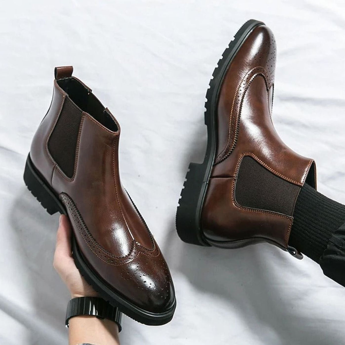 Men's Genuine Leather Brogue Chelsea Boots