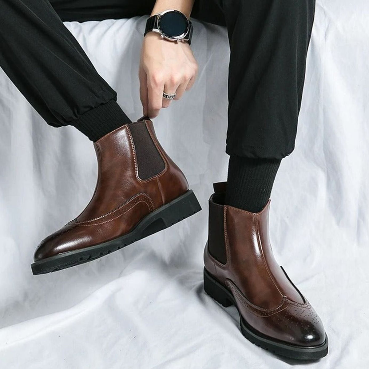 Men's Genuine Leather Brogue Chelsea Boots