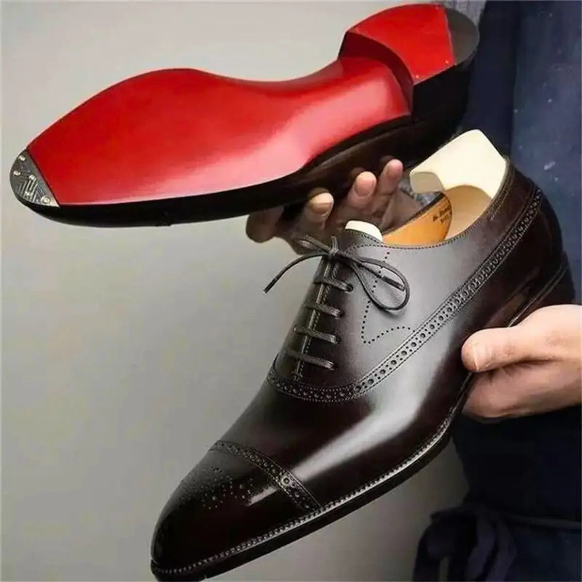 Men's Genuine Leather Cap-Toe Brogue Oxford Shoes Red Sole