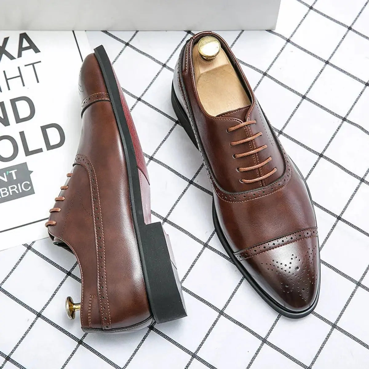 Men's Genuine Leather Cap-Toe Brogue Oxford Shoes Red Sole - Brown