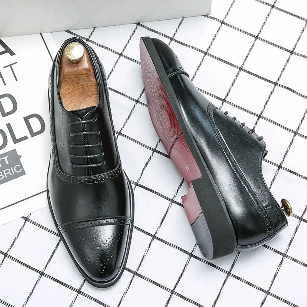 Men's Genuine Leather Cap-Toe Brogue Oxford Shoes Red Sole - Black