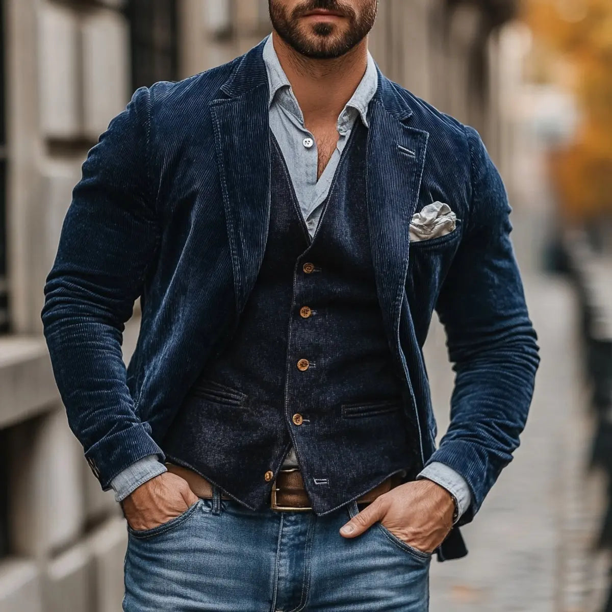 Mens Gilet Blazer Set Vintage Corduroy Layered Waistcoat Jacket - Navy Blue