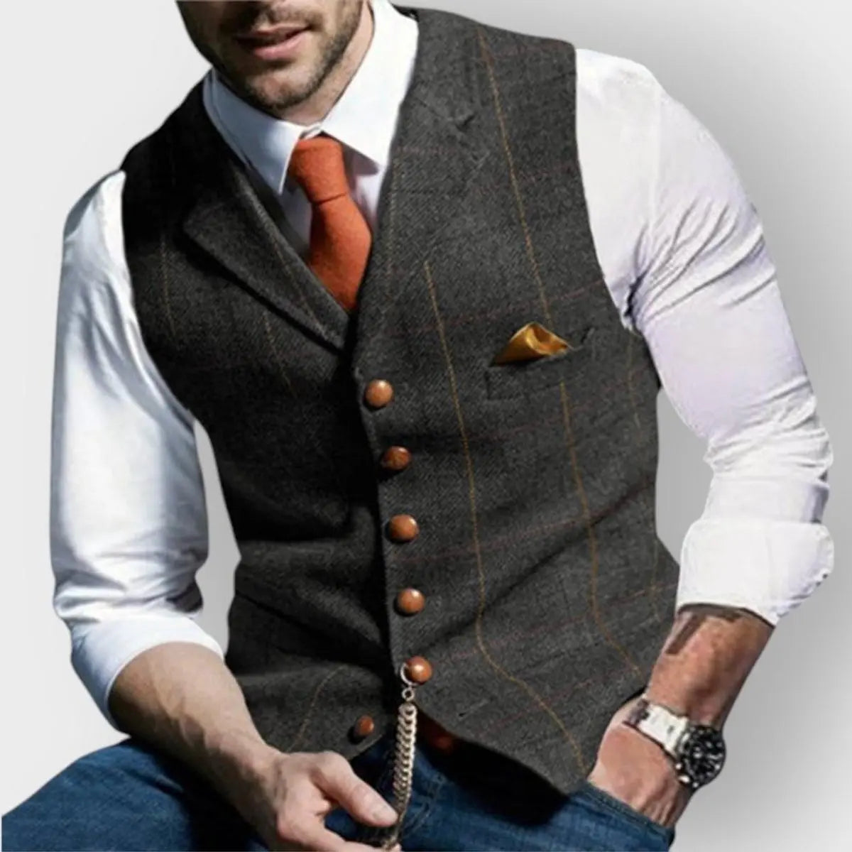 Mens Gilet Herringbone Tweed Waistcoat Checked Slim Fit Button-Up - Dark Grey