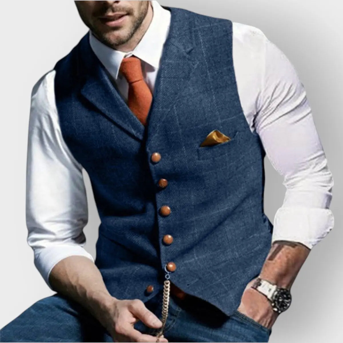 Mens Gilet Herringbone Tweed Waistcoat Checked Slim Fit Button-Up - Blue
