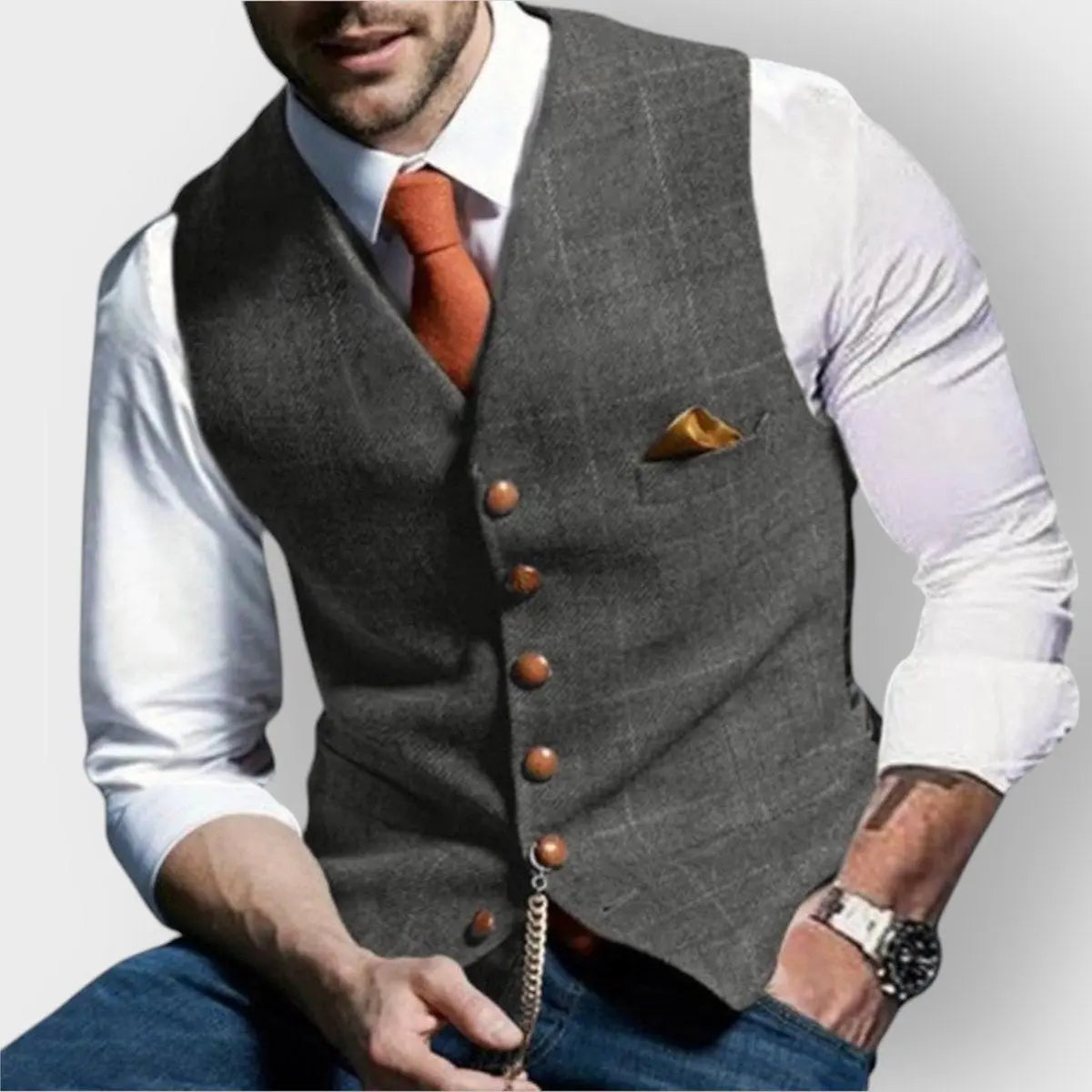 Mens Gilet Herringbone Tweed Waistcoat Checked Slim Fit Button-Up - Light Grey