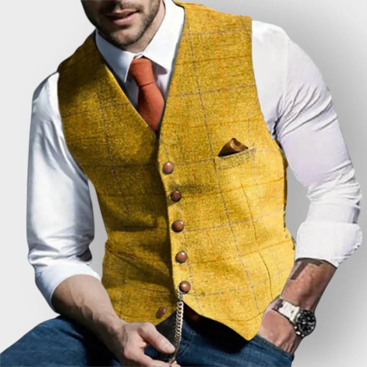 Mens Gilet Herringbone Tweed Waistcoat Checked Slim Fit Button-Up - Yellow