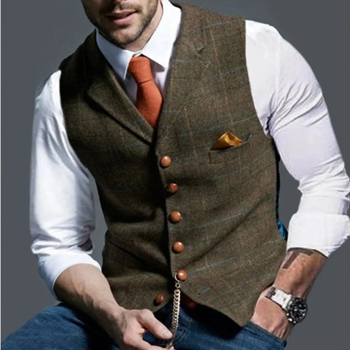 Mens Gilet Herringbone Tweed Waistcoat Checked Slim Fit Button-Up - Brown