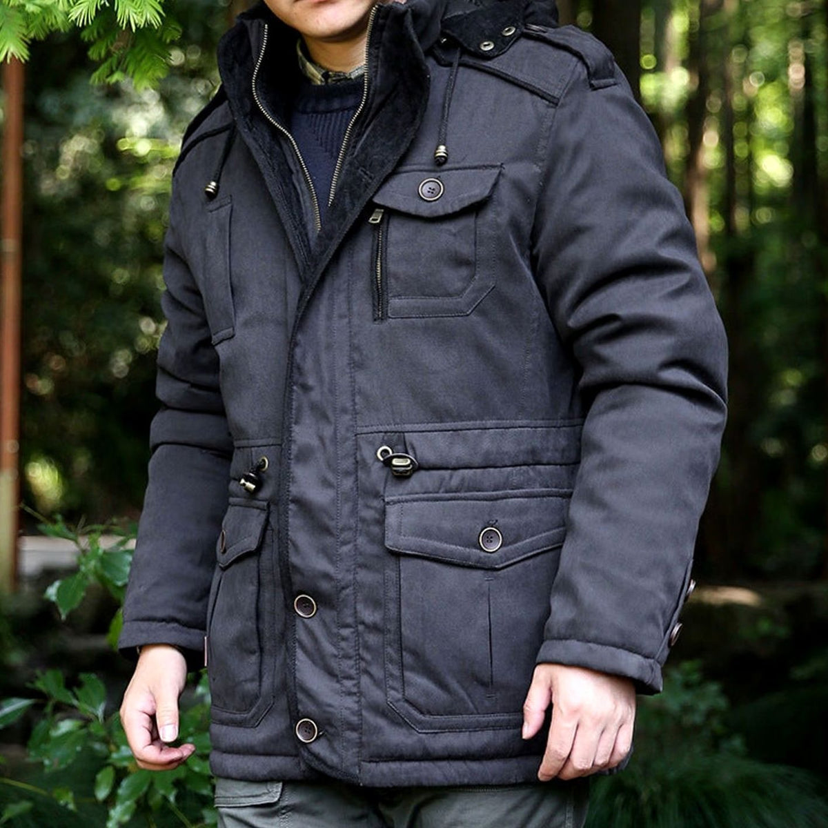 Men's Hooded Multi-Pocket Water-Resistant Padded Parka - Black
