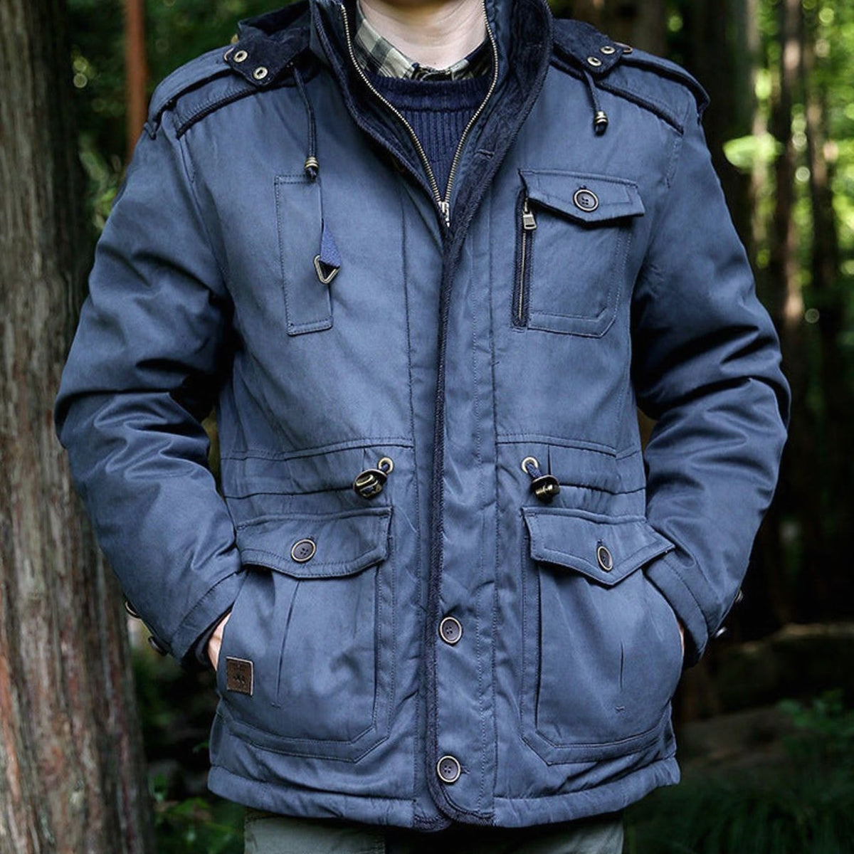 Men's Hooded Multi-Pocket Water-Resistant Padded Parka - Dark Navy