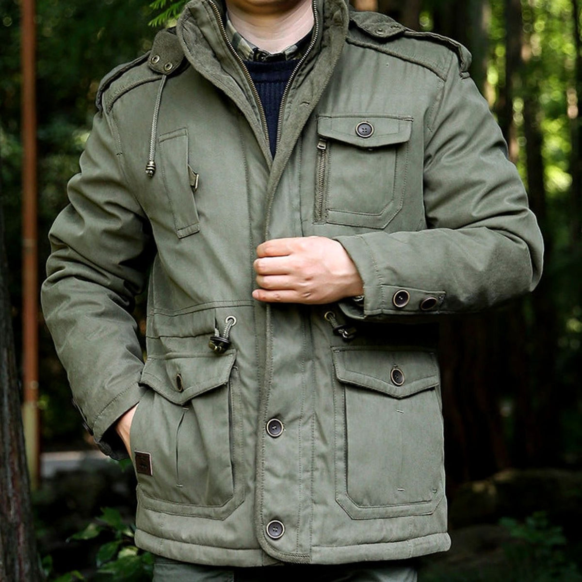 Men's Hooded Multi-Pocket Water-Resistant Padded Parka - Olive Green