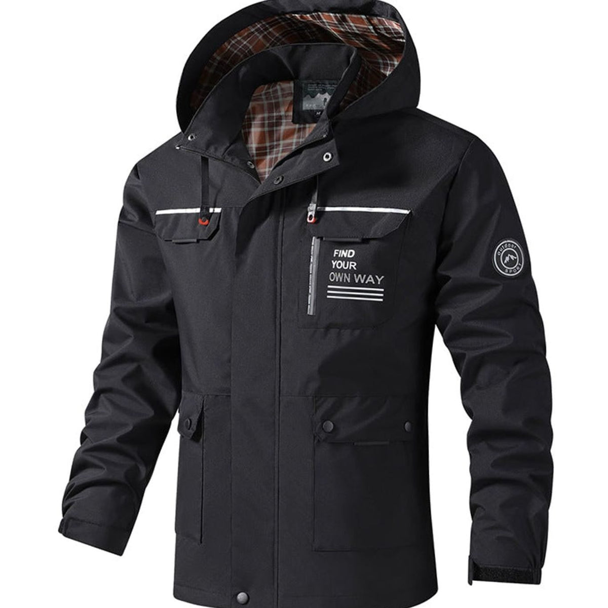 Men's Hooded Water-Resistant Outdoor Jacket Multi-Pocket - Black