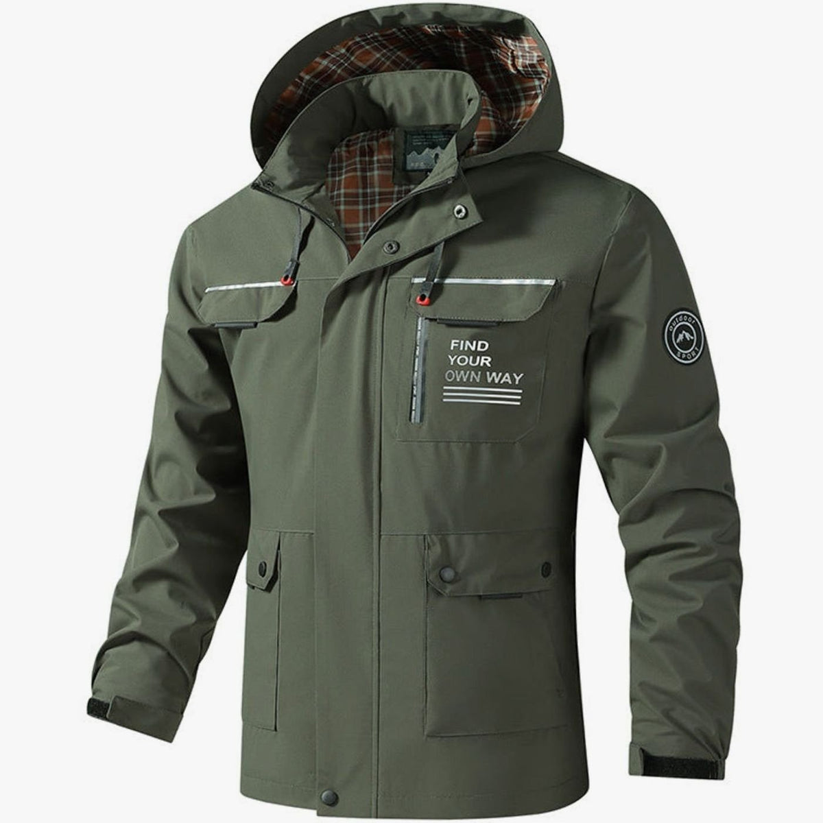 Men's Hooded Water-Resistant Outdoor Jacket Multi-Pocket - Olive Green