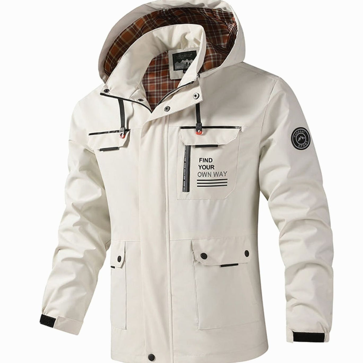 Men's Hooded Water-Resistant Outdoor Jacket Multi-Pocket - White